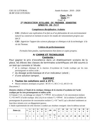 Première page de PCT Tle D — 2e production scolaire, 1er semestre (2019-2020) · CEG Le Littoral