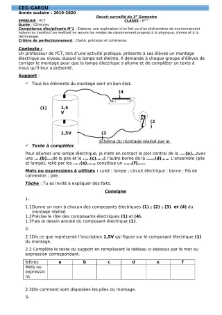 Première page de PCT 6e — Devoir surveillé, 1er semestre (2019-2020) · CEG GAROU