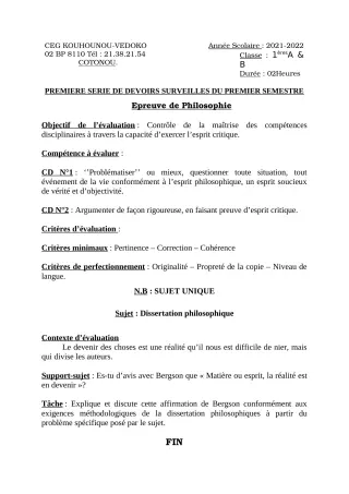 Première page de Philosophie 1ère A1, 1ère A2, 1ère B — 1er devoir surveillé, 1er semestre (2021-2022) · CEG Kouhounou-Vêdoko