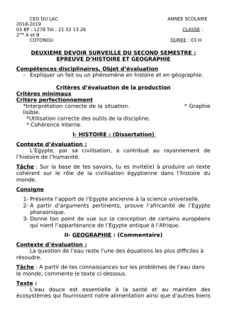 Première page de Histoire-Géographie 2nde A, 2nde B — 2e devoir surveillé, 2e semestre (2018-2019) · CEG du Lac