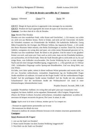 Première page de Allemand 1ère A & B — 2e devoir surveillé, 1er semestre (2018-2019) · Lycée Houegbadja d'Abomey (Ex Mafory Bangoura)