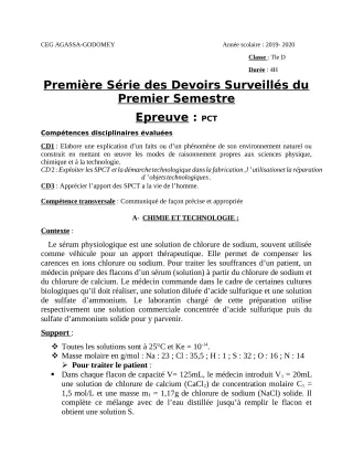 Première page de PCT Tle D — 1er devoir surveillé, 1er semestre (2019-2020) · CEG Agassa Godomey