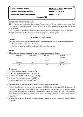 Première page de PCT 2nde D — 1re évaluation sommative, 1er semestre (2023-2024) · CEG2 ABOMEY - CALAVI (CEG ZOCA)