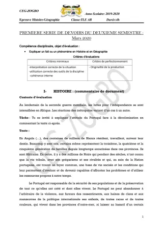 Première page de Histoire-Géographie Tle A1, Tle A2, Tle B — 1er devoir surveillé, 2e semestre (2019-2020) · CEG ZOGBO