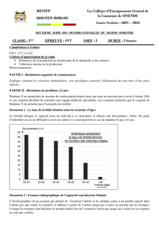 Première page de SVT 3e — 2e devoir surveillé, 2e semestre (2021-2022) · CEG SEKERE