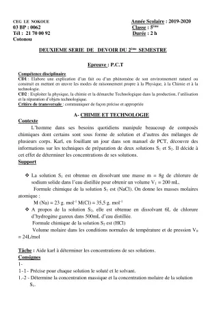 Première page de PCT 5e — 2e devoir surveillé, 2e semestre (2019-2020) · CEG LE NOKOUE