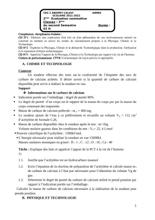 Première page de PCT 3e — 2e évaluation sommative, 2e semestre (2021-2022) · CEG2 ABOMEY - CALAVI (CEG ZOCA)