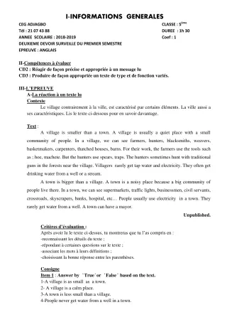 Première page de Anglais 5e — 2e devoir surveillé, 1er semestre (2018-2019) · CEG ADJAGBO