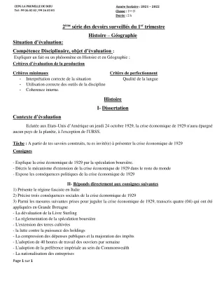 Première page de Histoire-Géographie 1ère D — 2e devoir surveillé, 1er trimestre (2021-2022) · CEPG La Prunelle de Dieu