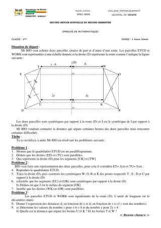 Première page de Mathématiques 5e — 2e devoir surveillé, 2e semestre (2021-2022) · CEG SEKERE