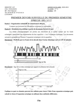 Première page de SVT 1ère C — 1er devoir surveillé, 1er semestre (2020-2021) · CEG FIYEGNON
