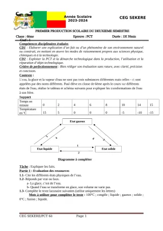 Première page de PCT 6e — 1re production scolaire, 2e semestre (2023-2024) · CEG SEKERE