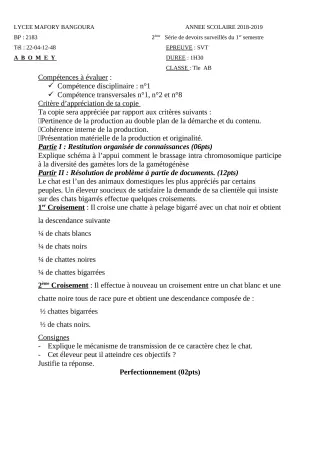 Première page de SVT Tle A & B — 2e devoir surveillé, 1er semestre (2018-2019) · Lycée Houegbadja d'Abomey (Ex Mafory Bangoura)
