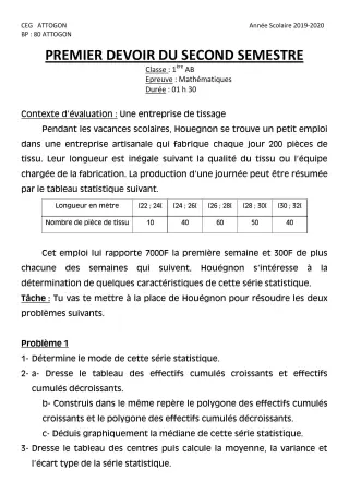 Première page de Mathématiques 1ère A & B, 1ère A1, 1ère A2, 1ère B — 1er devoir surveillé, 2e semestre (2019-2020) · CEG Attogon