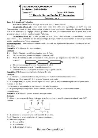 Première page de Histoire-Géographie 6e, 5e, 4e, 3e, 2nde C, 2nde D, 1ère C, 1ère D, Tle C, Tle D — Devoir surveillé, 1er semestre (2018-2019) · CEG Albarika