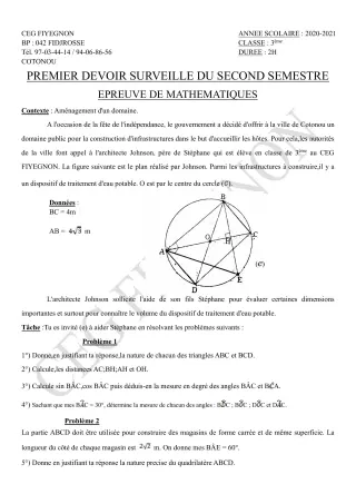 Première page de Mathématiques 3e, 3e ML — 1er devoir surveillé, 2e semestre (2020-2021) · CEG FIYEGNON