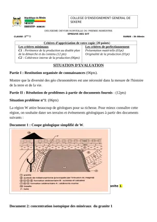 Première page de SVT 1ère D — 2e devoir surveillé (2022-2023) · CEG SEKERE