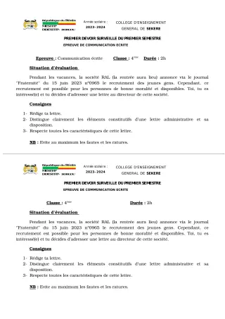 Première page de Français 4e — 1er devoir surveillé, 1er semestre (2023-2024) · CEG SEKERE