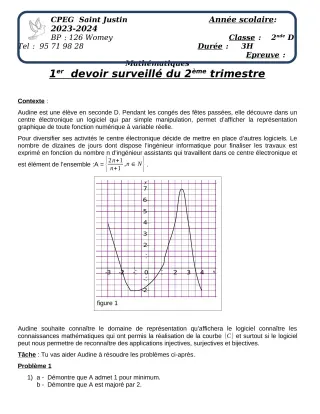 Première page de Mathématiques 4e, 2nde D — 1er devoir surveillé, 2e trimestre (2023-2024) · CPEG SAINT Justin