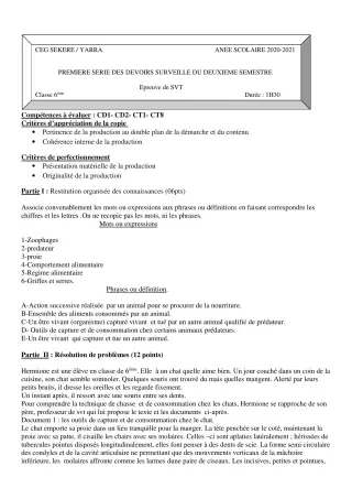 Première page de SVT 6e — 1er devoir surveillé, 2e semestre (2020-2021) · CEG SEKERE