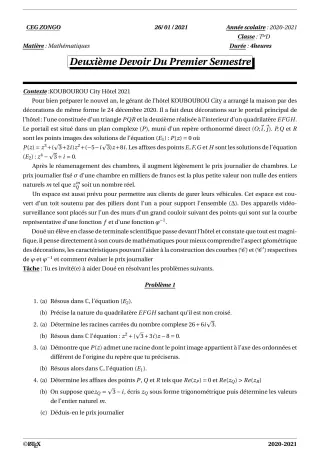 Première page de Mathématiques Tle D — 2e devoir surveillé, 1er semestre (2020-2021) · CEG ZONGO