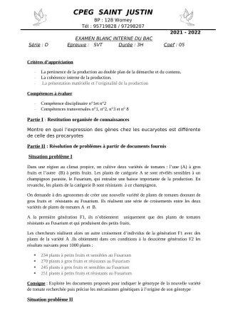 Première page de Examen Blanc de SVT — Tle D — CPEG SAINT Justin (2021)