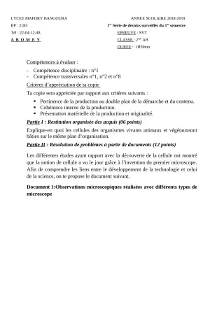 Première page de SVT 2nde A & B, 2nde D, 1ère A & B, 1ère D, Tle A & B, Tle D — 1er devoir surveillé, 1er semestre (2018-2019) · Lycée Houegbadja d'Abomey (Ex Mafory Bangoura)