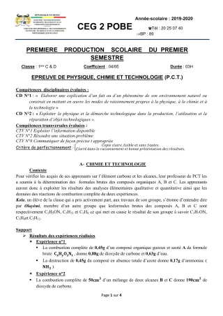 Première page de PCT 1ère C — 1re production scolaire (2019-2020) · CEG 2 Pobè