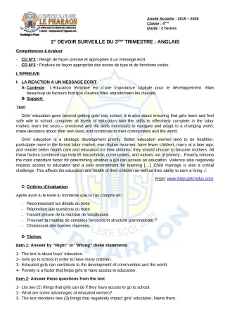 Première page de Anglais 4e, 4e ML — 1er devoir surveillé, 3e trimestre (2019-2020) · CPEG LE PHARAON