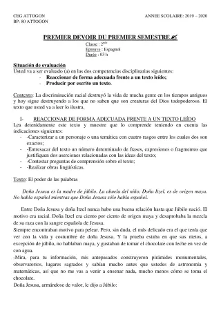 Première page de Espagnol 2nde A & B, 2nde A1, 2nde A2, 2nde B — 1er devoir surveillé, 1er semestre (2019-2020) · CEG Attogon