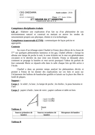 Première page de PCT 5e — 2e devoir surveillé, 2e semestre (2018-2019) · CEG OKEDAMA