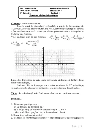 Première page de Mathématiques 2nde D — 2e devoir surveillé, 1er semestre (2023-2024) · CEG2 ABOMEY - CALAVI (CEG ZOCA)