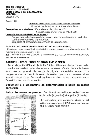 Première page de SVT 1ère C — 1re production scolaire, 2e semestre (2021-2022) · CEG LE NOKOUE