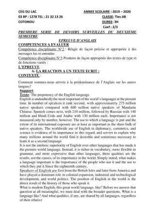 Première page de Anglais Tle A2, Tle B — 1er devoir surveillé, 2e semestre (2019-2020) · CEG du Lac