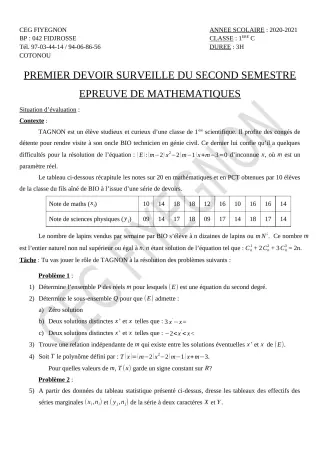 Première page de Mathématiques 1ère C — 1er devoir surveillé, 2e semestre (2020-2021) · CEG FIYEGNON