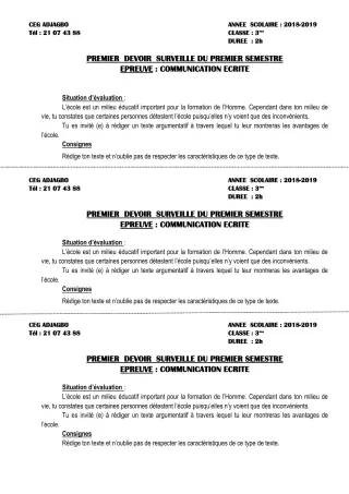 Première page de Français 3e, 3e ML — 1er devoir surveillé, 1er semestre (2018-2019) · CEG ADJAGBO