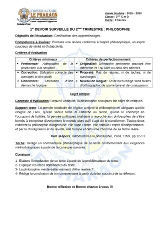 Première page de Philosophie 2nde C, 2nde D — 1er devoir surveillé, 2e trimestre (2019-2020) · CPEG LE PHARAON