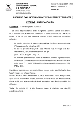 Première page de Mathématiques Tle D — 1re évaluation sommative, 1er trimestre (2024-2025) · CPEG La Finesse