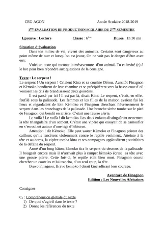 Première page de Français 6e — 1re production scolaire, 2e semestre (2018-2019) · CEG Agon