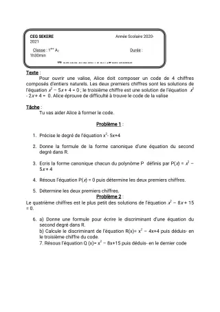 Première page de Devoir surveillé de MATHS GENE — 1ère A2 — CEG SEKERE (2020)