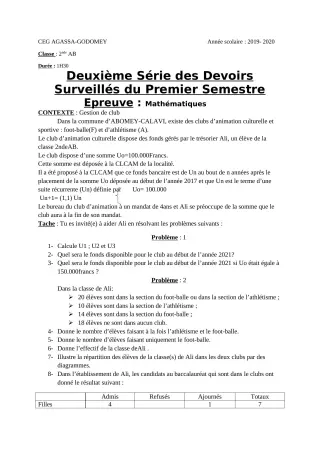 Première page de Mathématiques 2nde A & B — 2e devoir surveillé, 1er semestre (2019-2020) · CEG Agassa Godomey