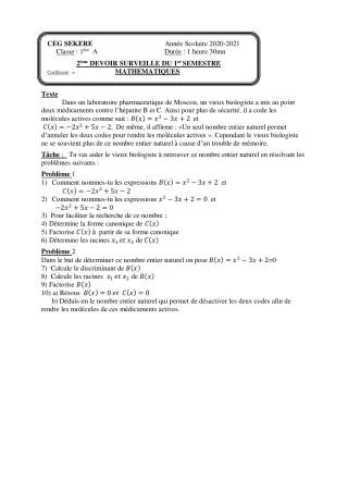 Première page de Mathématiques 1ère A2 — 2e devoir surveillé, 1er semestre (2020-2021) · CEG SEKERE