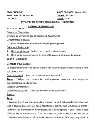 Première page de Philosophie 1ère C, 1ère D — 2e devoir surveillé, 1er semestre (2020-2021) · CEG LE NOKOUE