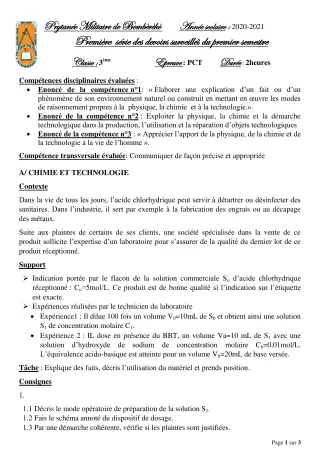 Première page de PCT 3e — 1er devoir surveillé, 1er semestre (2020-2021) · PMB