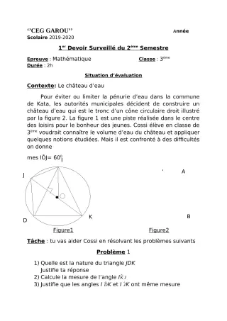 Première page de Mathématiques 3e — 1er devoir surveillé, 2e semestre (2019-2020) · CEG GAROU