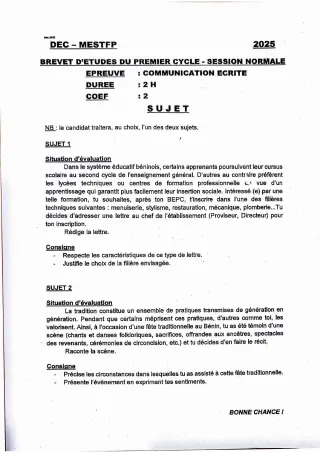 Première page de Épreuve de Communication Écrite – BEPC 2025 – Bénin