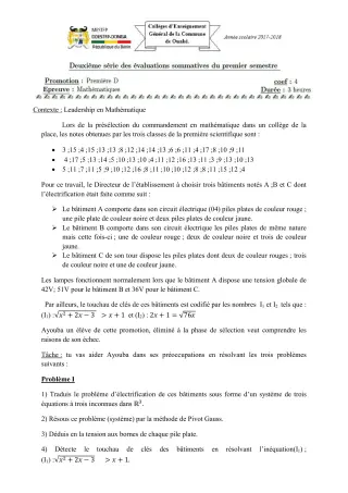 Première page de Mathématiques 1ère D — 2e évaluation sommative, 1er semestre (2017-2018) · CEG C.P de Dompago