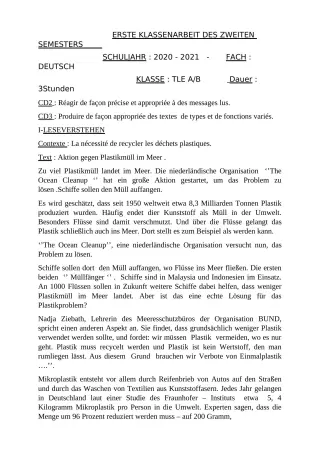 Première page de Devoir surveillé de ALLEMAND — Tle A2, Tle B — CEG 1 Agatogbo (2020)