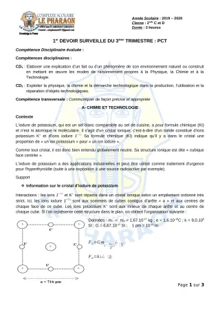 Première page de PCT 2nde C, 2nde D — 1er devoir surveillé, 3e trimestre (2019-2020) · CPEG LE PHARAON