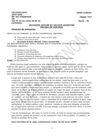 Première page de Espagnol 1ère A2, 1ère B — 2e devoir surveillé, 2e semestre (2019-2020) · CEG FIYEGNON
